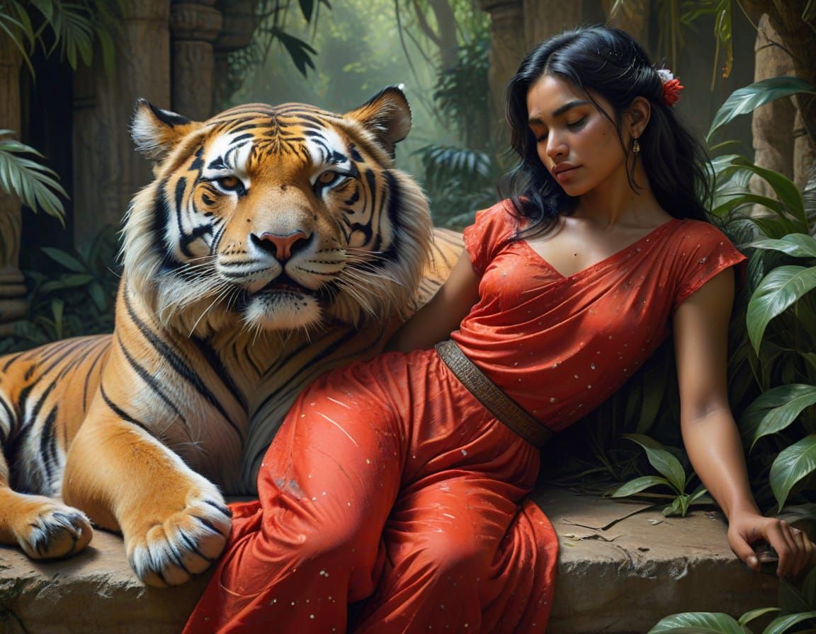 Surreal Princess and Tiger Slumber in Jungle Temple