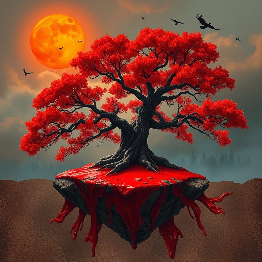 Ancient Scarlet Tree on Floating Island Under Dramatic Sky