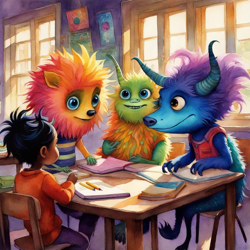 Colorful Furry Monsters in School Classroom