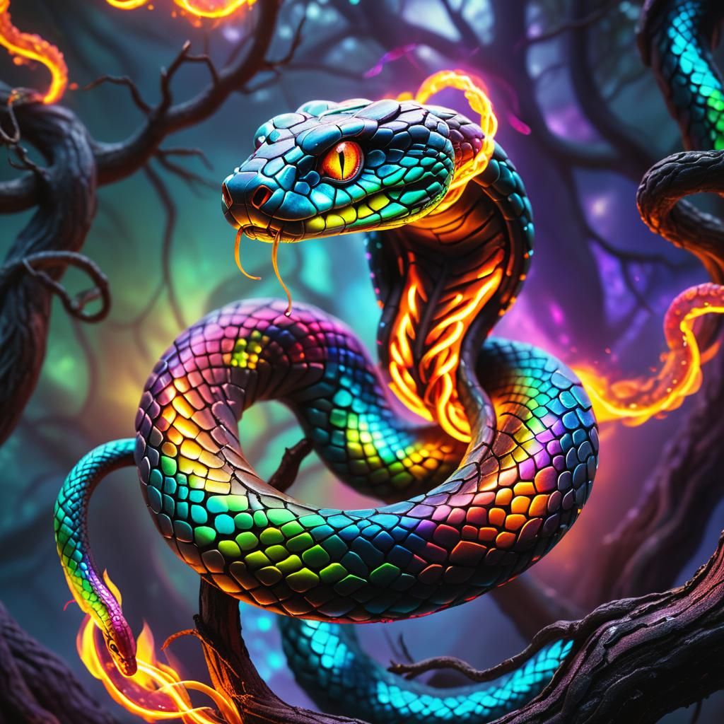Bioluminescent Rainbow Gemstone Fire Elemental Snake