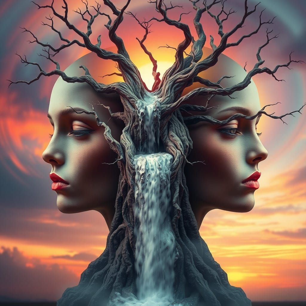 Ethereal Dreamlike Fusion of Faces and Trees in Sunrise Hues