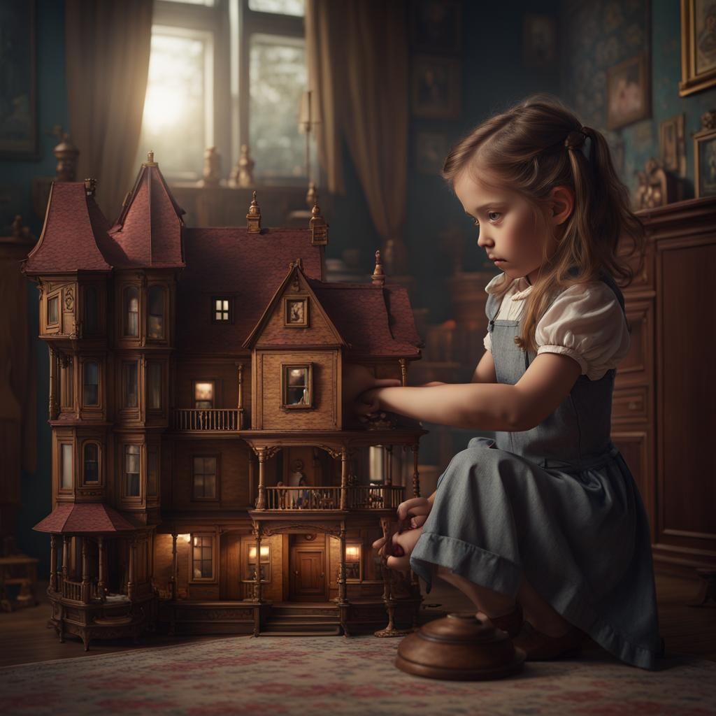 Little Girl Playing Dolls in Dollhouse