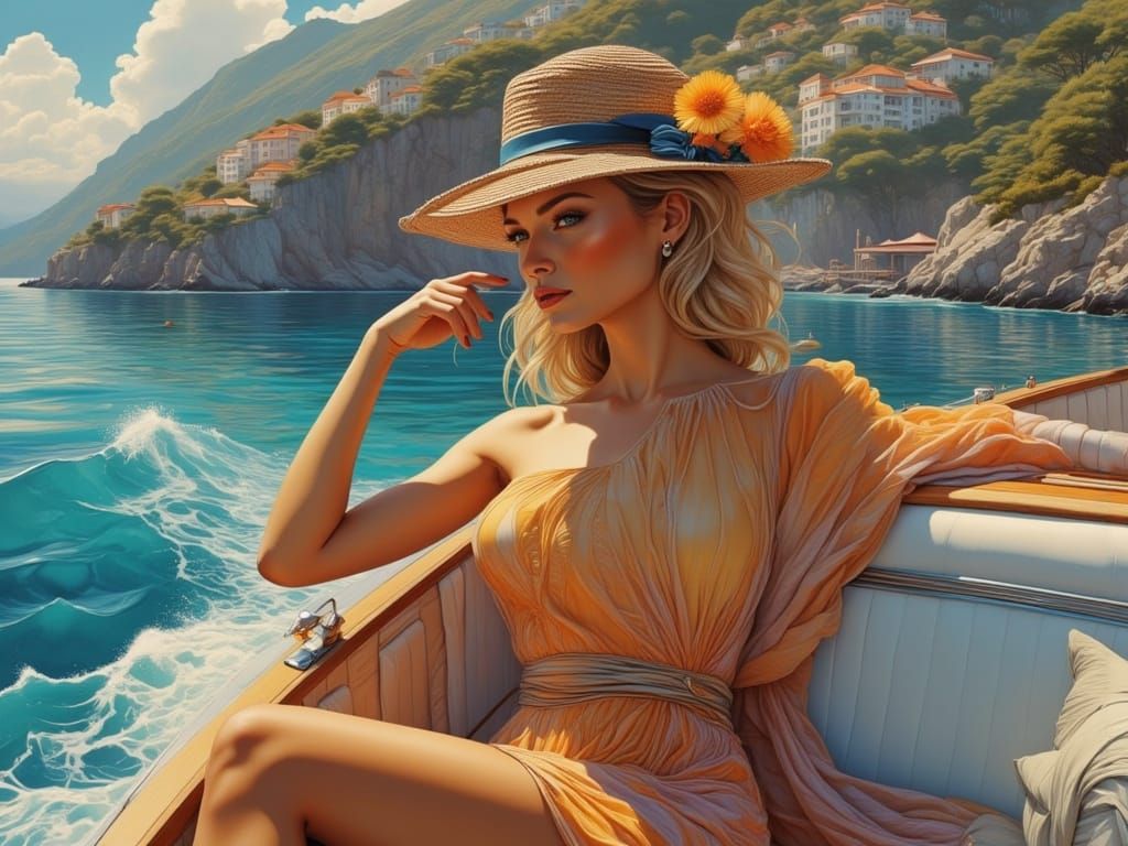 Elegant Woman on Riva Boat off Capri in Art Nouveau Style