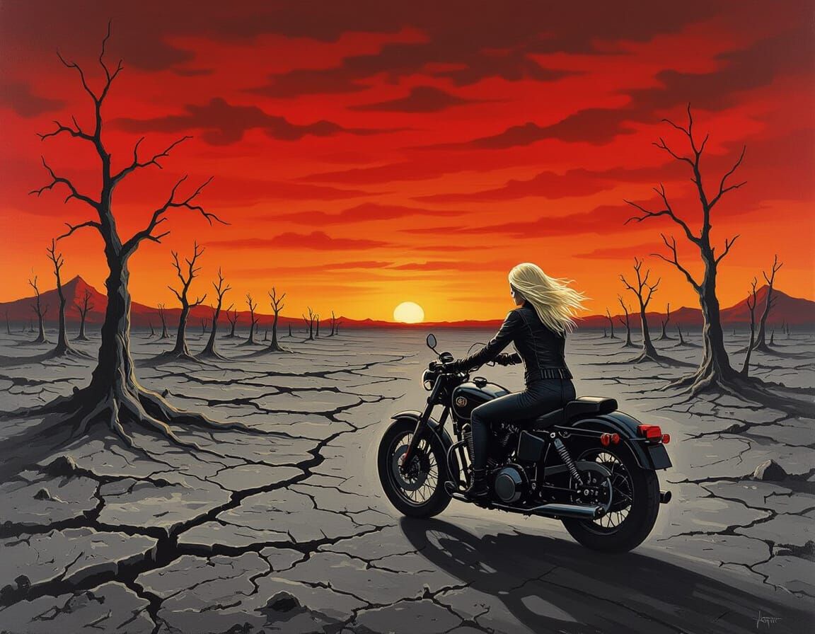Apocalyptic Woman on Motorcycle in German Expressionist Styl...