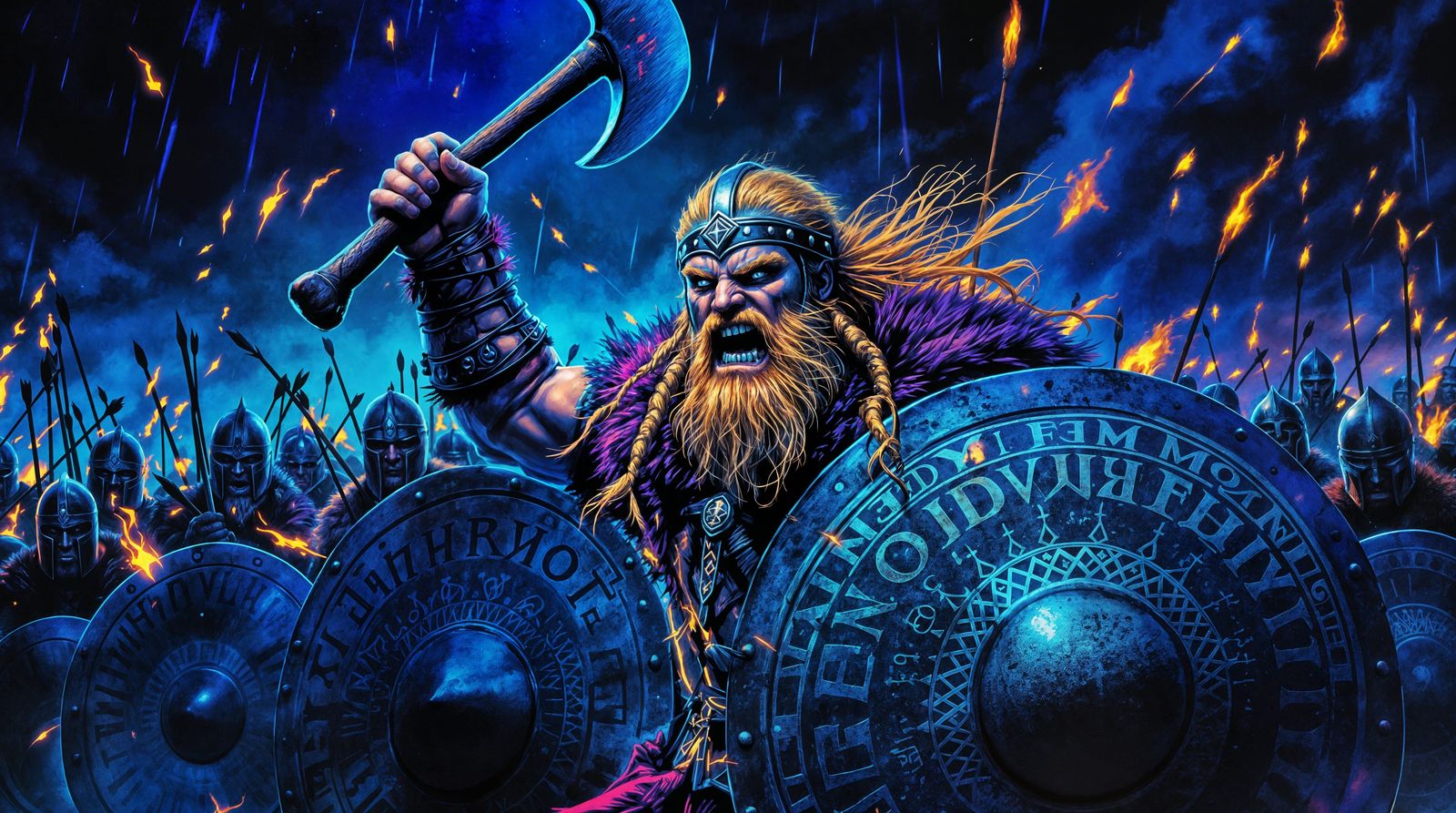 Viking Warriors Clash in Neon-Lit Battle