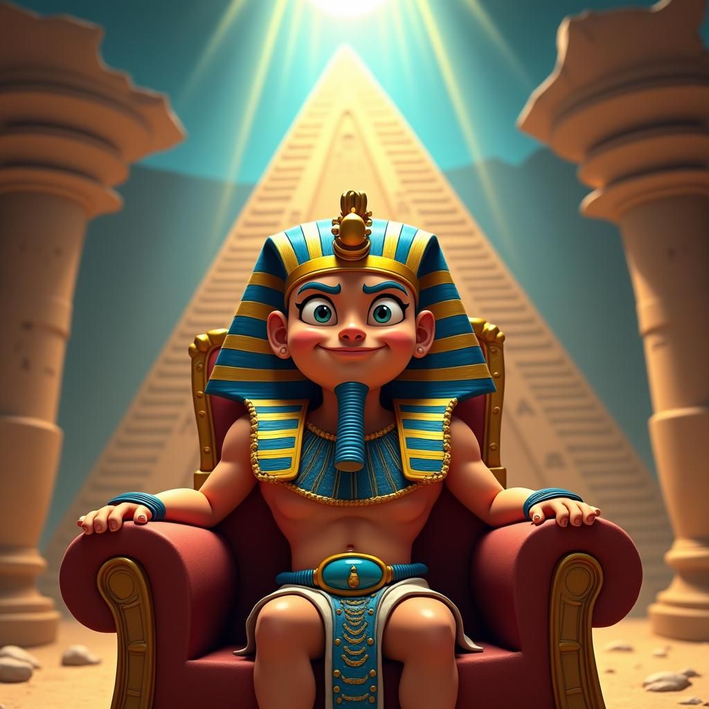 Humorous Cartoon Pharaoh on Ornate Throne, 8K Matte Painting
