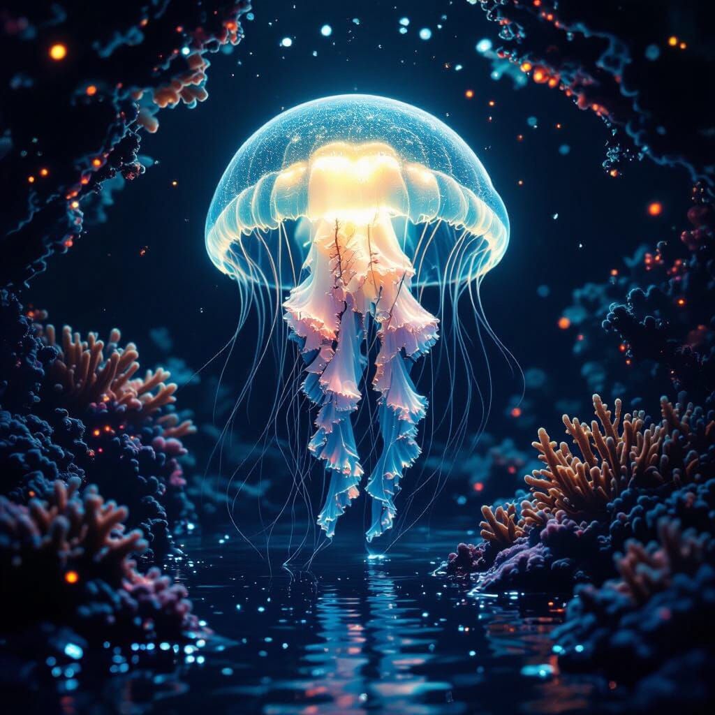 Bioluminescent Jellyfish in Alien Ocean, Biomechanical Aesth...