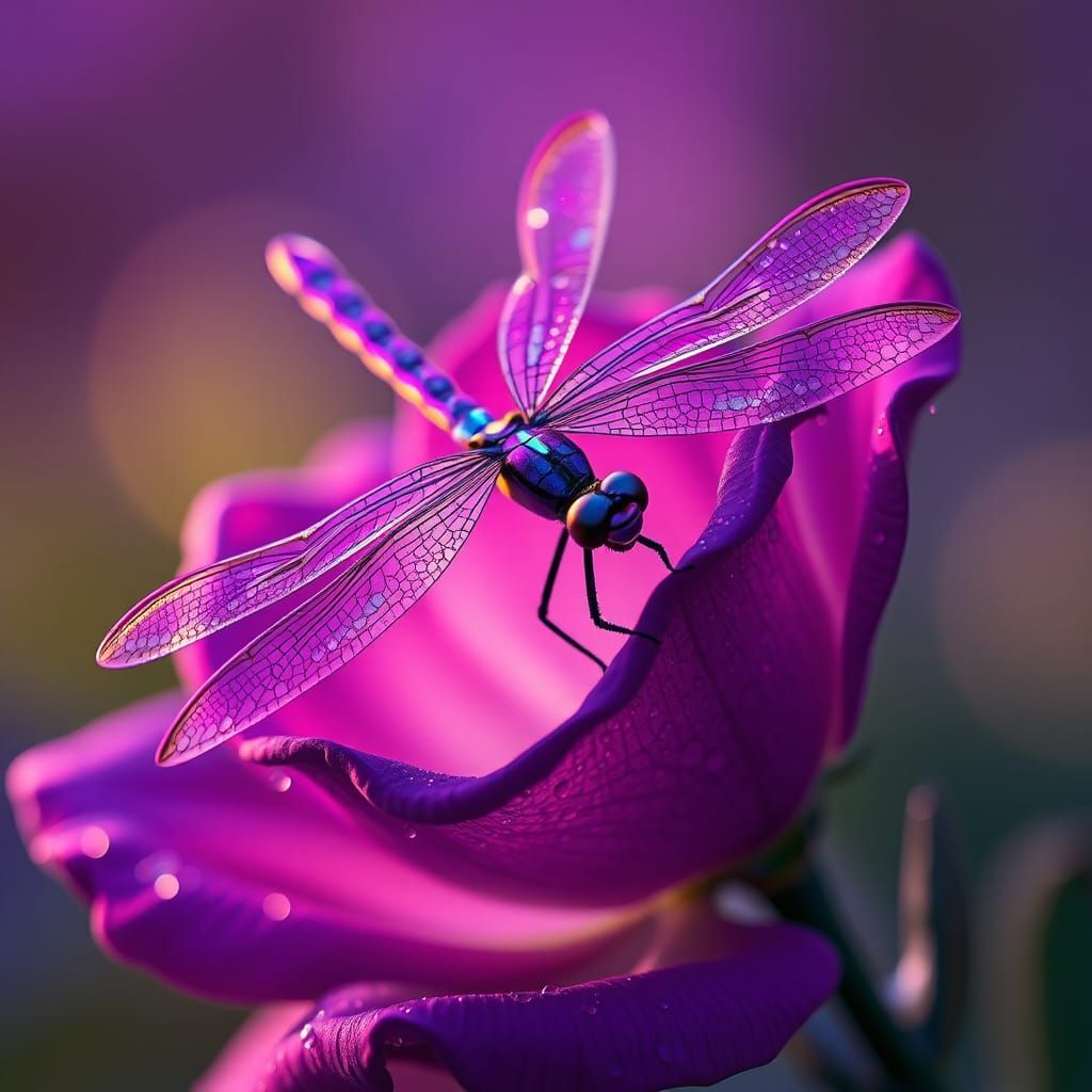 Purple Dragonfly Macro Photograph with Dewdrops