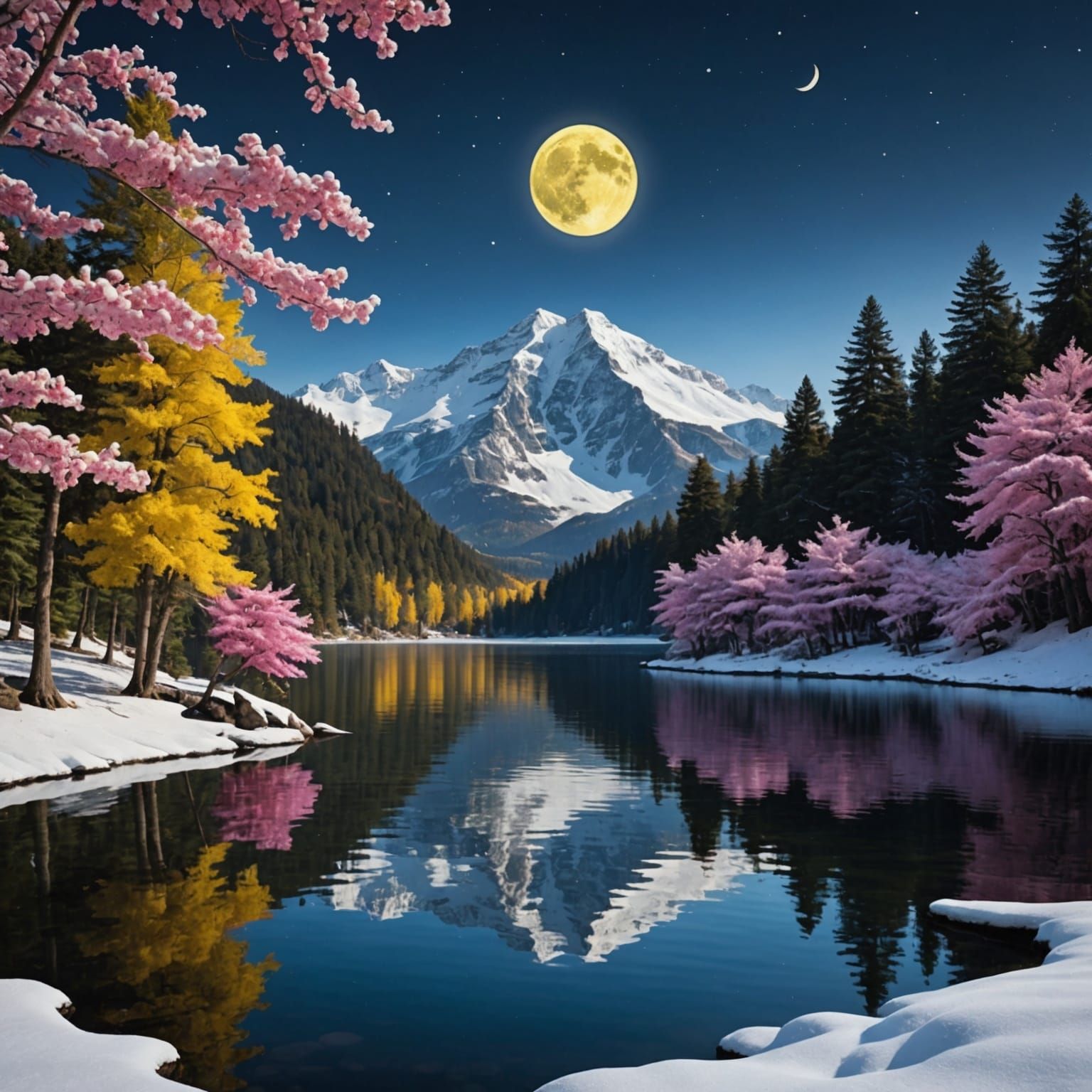 Hyperrealistic Macro Lake Scene with Waterfall and Moonlight