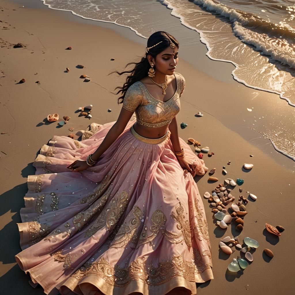 Indian Girl on Beach in Matte Painting Style