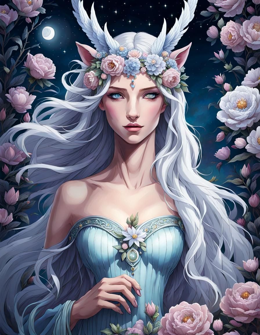 Icy Winter Flowers Under Pale Moon