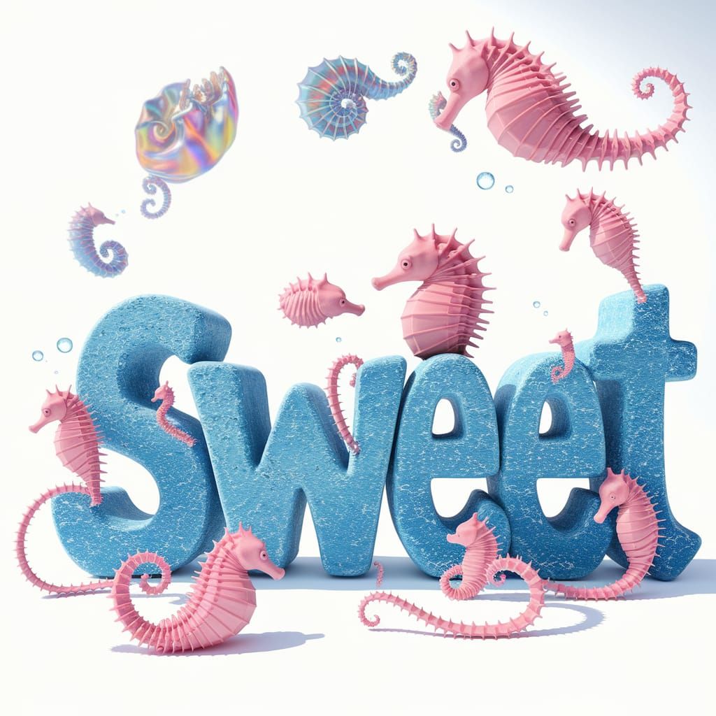 In a meticulously detailed digital art piece, oversized, extra bold primary blue whimsical text "Sweet," carved from rou...
