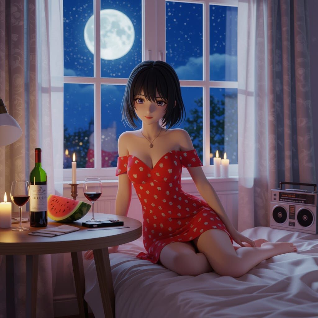 Anime Girl Slips on Watermelon Rind in Moonlit Bedroom