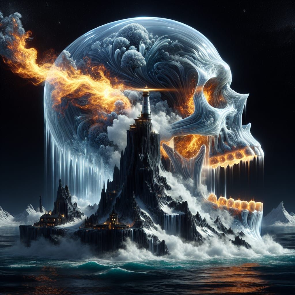 Colossal Crystal Skull with Flames and Ocean