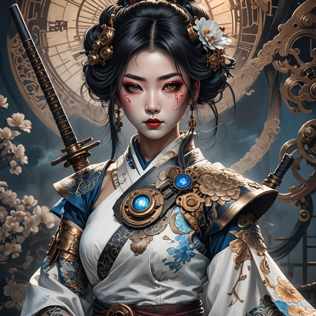 Steampunk Geisha with Samurai Weapon in Anime Style