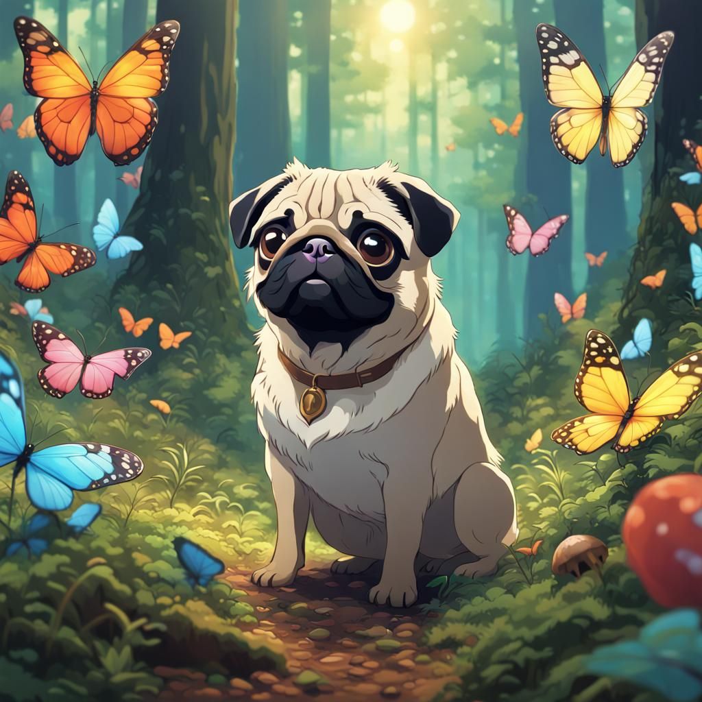 Pug with Butterflies in Ghibli Anime Style