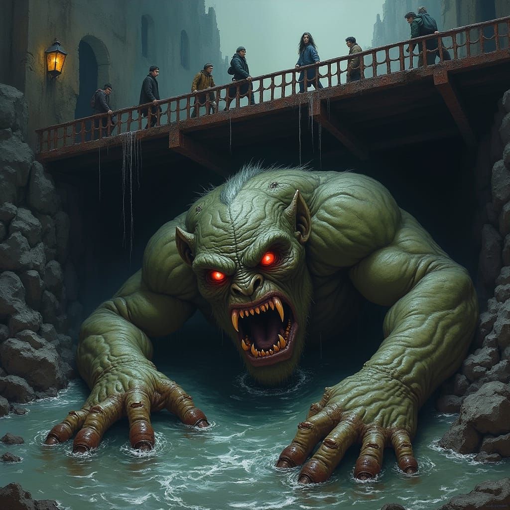 Dark Fantasy Troll Lurks Beneath Bridge in Moody, High-Contr...