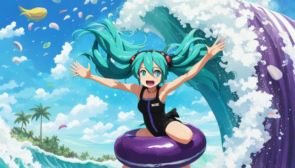 Miku Hatsune Bodysurfing a Wave on Eggplant Toy