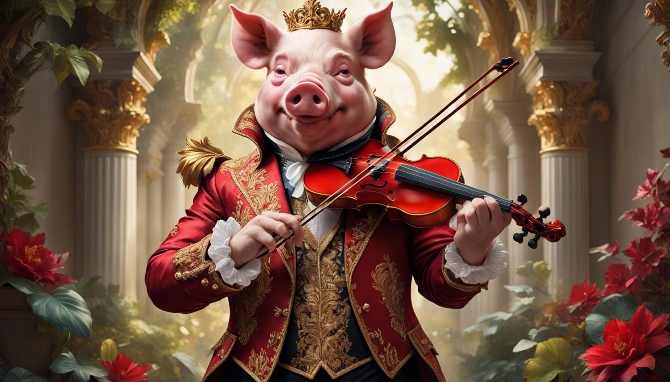 Anthropomorphic Pig Maestro Playing Violin in Baroque Style