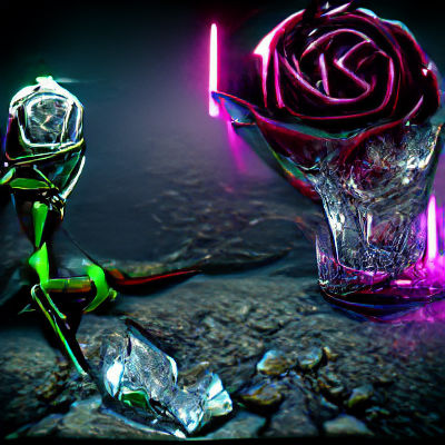 Neon Skeleton Holding Broken Glass Rose in 3D