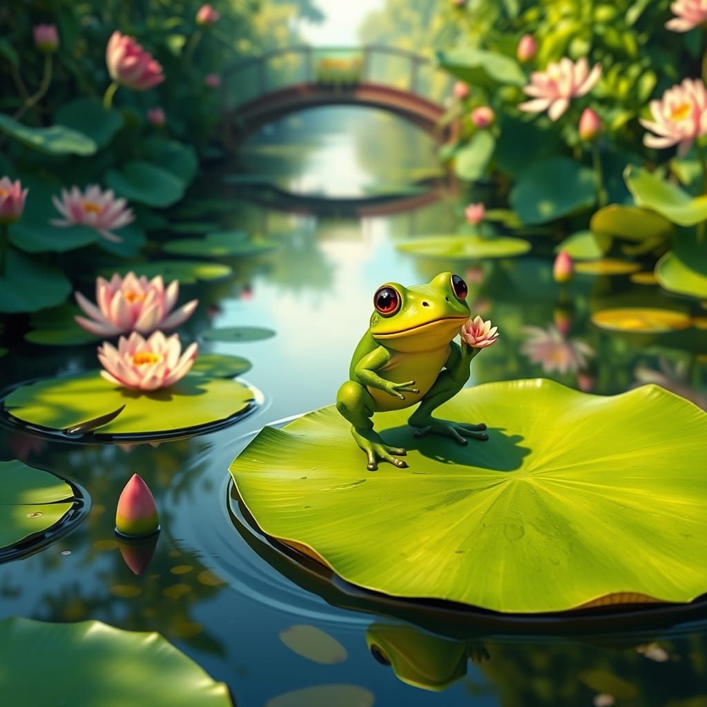 Frog in Serene Canal Scene with Lotus Flowers