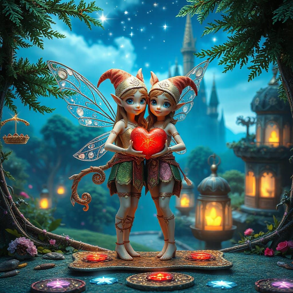 Fairy and Elf Offering Heart in Fairytale Landscape