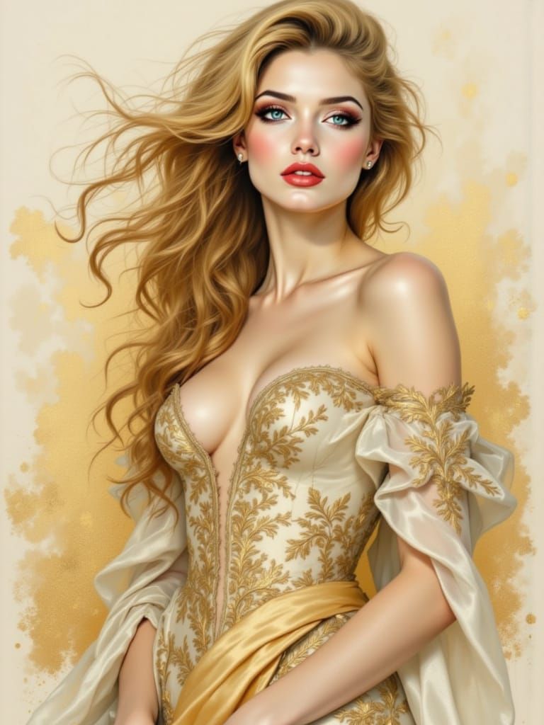 Ethereal Woman in Golden Gown, Radiant with Quiet Strength