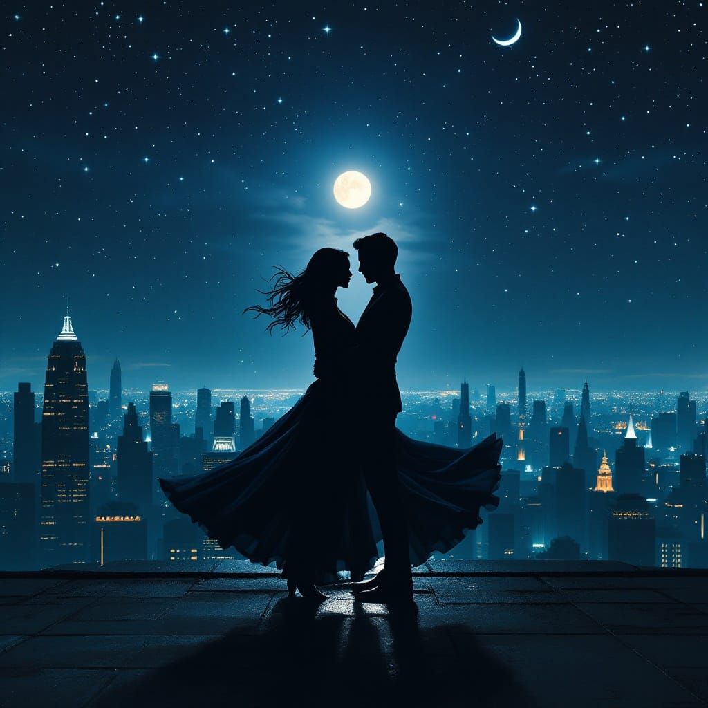 Romantic Moonlit Dance Amidst Modern Cityscape
