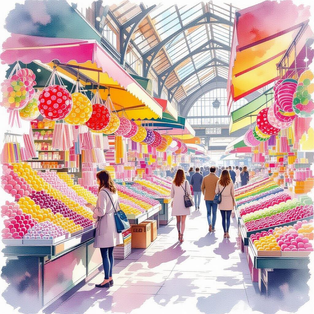 Watercolor of Vibrant Sweets at La Boqueria Market