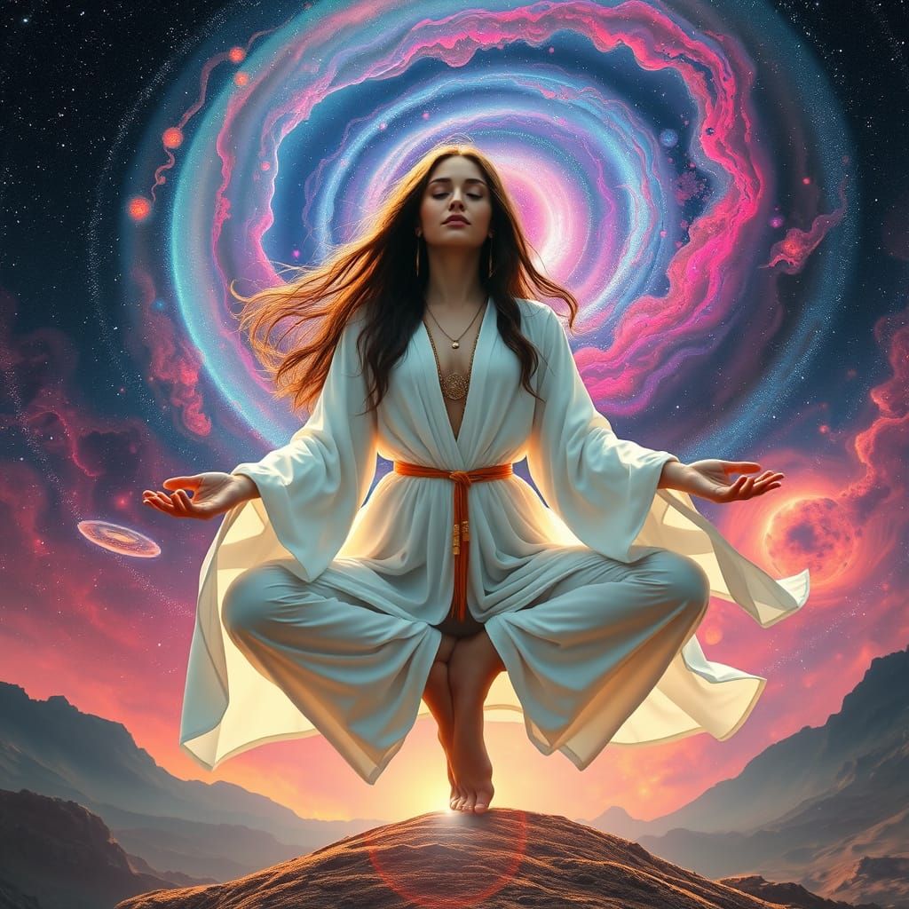 Woman Meditating in Galaxy, Surreal Sci-Fi Art