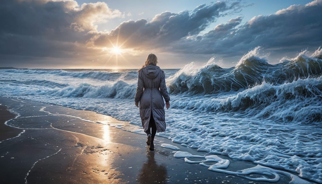 Woman Walks on Icy Winter Beach