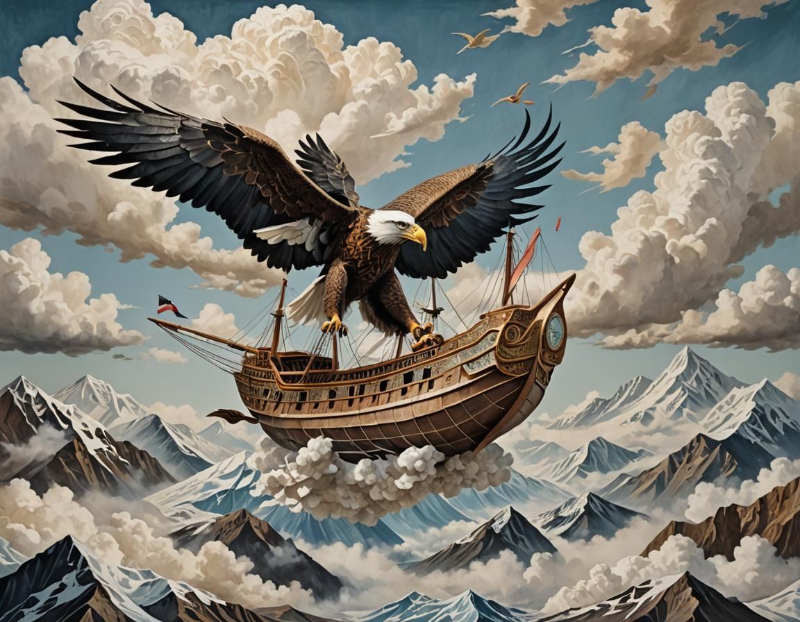 Eagle Ship Soaring Through Cloudy Skies