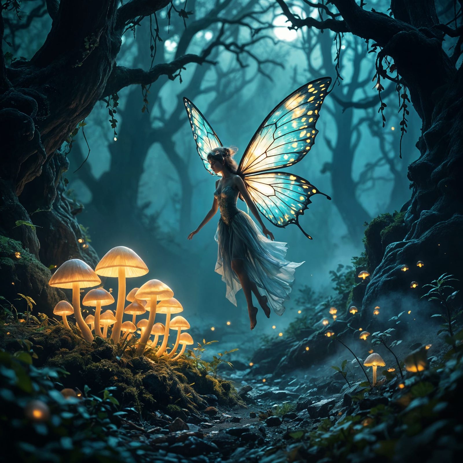 Spectral Fairy Amidst Glowing Mushrooms in Misty Forest