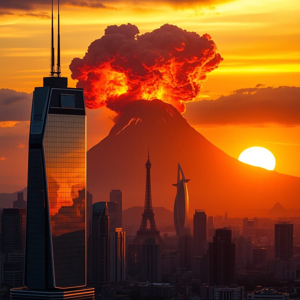 Colossal Volcano Towers Over Futuristic Metropolis