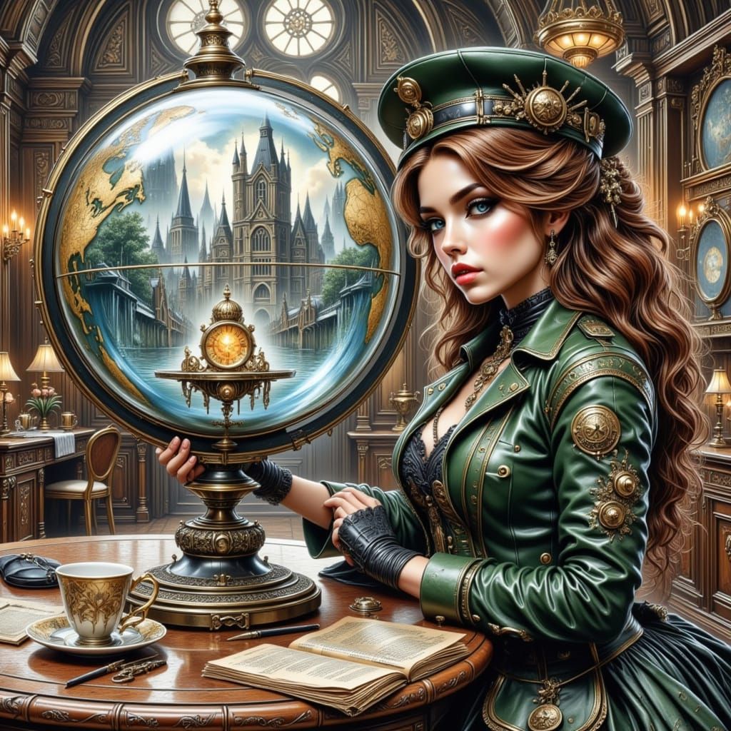 Steampunk Geographer's Room with Globe in Watercolor Gouache