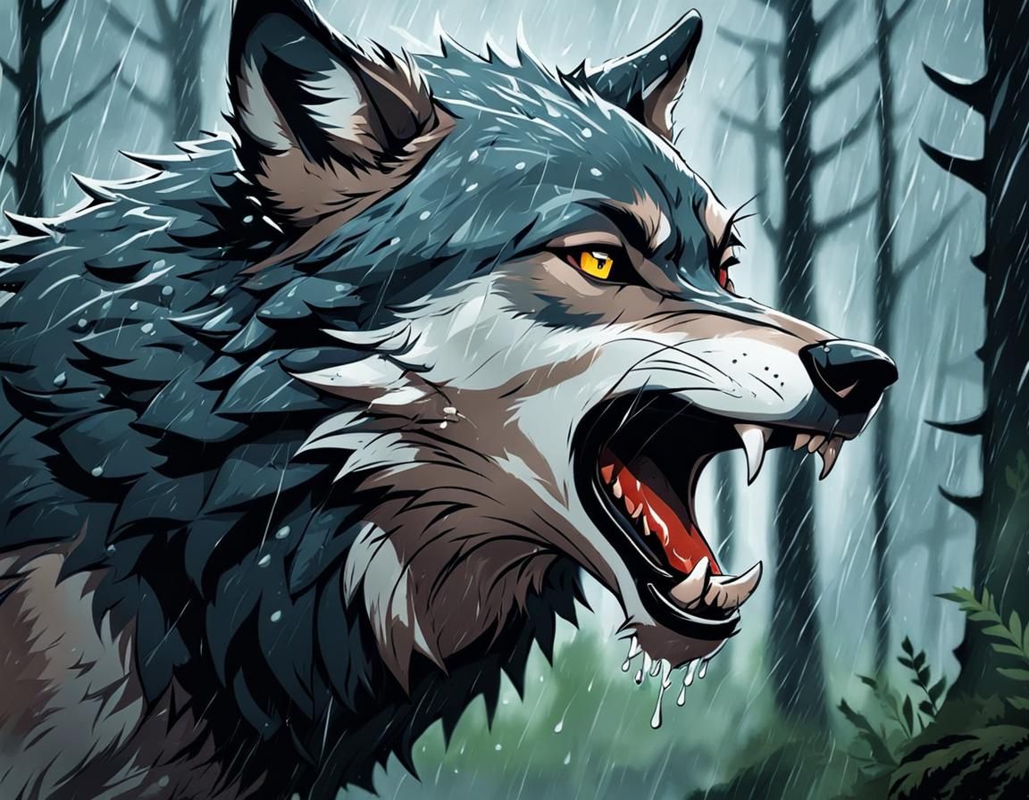 Protective Wolf Snarling in Rainy Forest, Graphic Novel