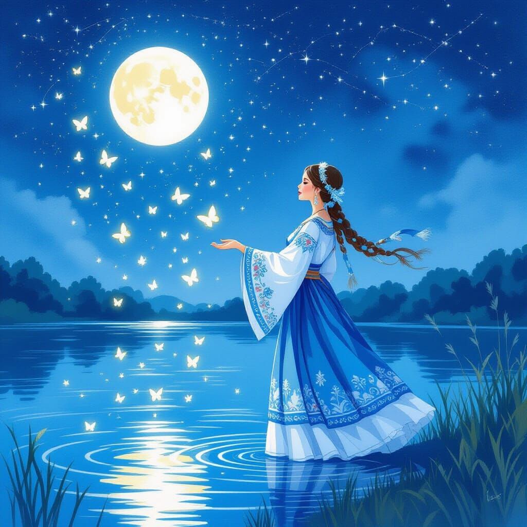 Ukrainian Figure by Moonlit Lake in Watercolor Style