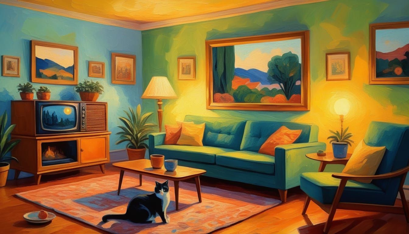 Mid-Century Family Living Room in Impasto Acrylic Style