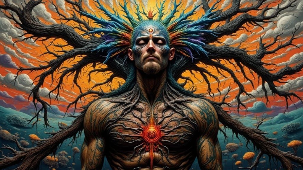 Biomechanical Android Portrait with Rainbow Moss in Dark Fan...