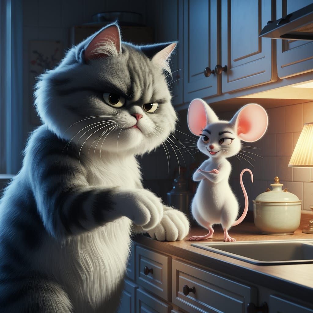 Grumpy Smokey Cat Midnight Snack in Cozy Kitchen