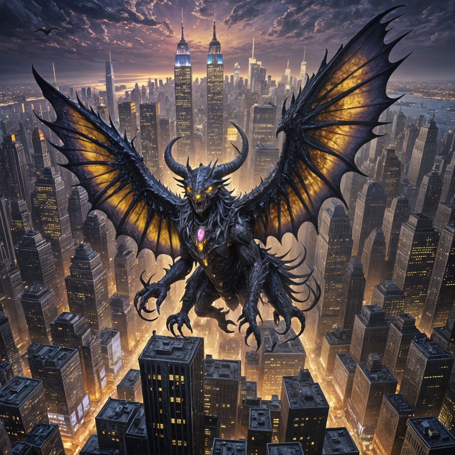 Two-Headed Monster Soaring Over New York, Dark Fantasy Art