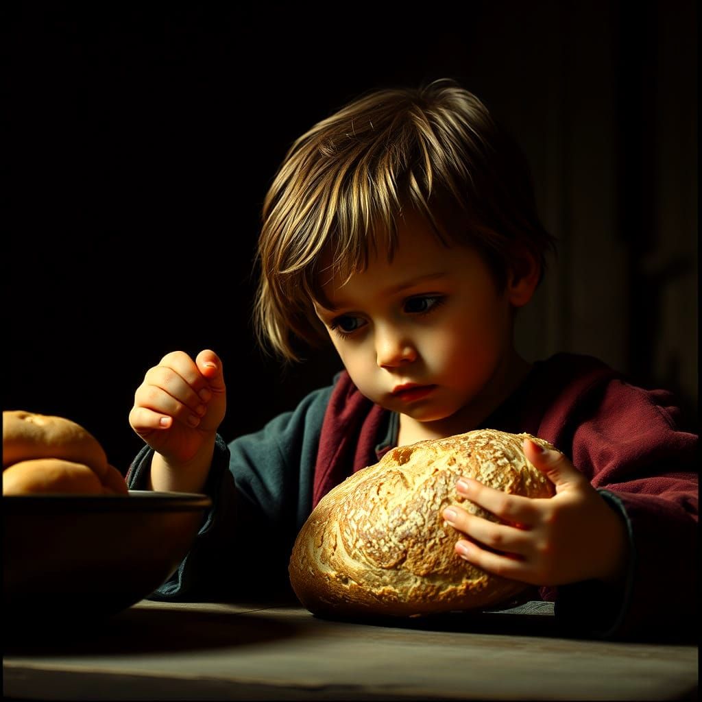 Dramatic Film Still of Child Stealing Bread
