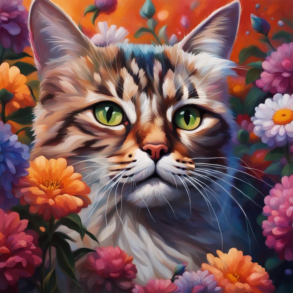 Hyperrealistic Cat in Flowers Splash Art