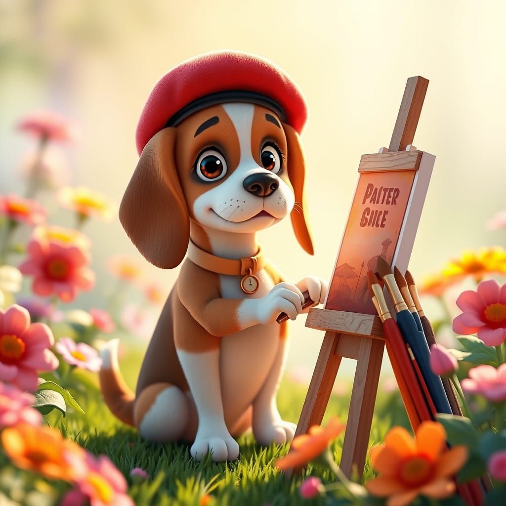 Beagle Artist in Sunlit Garden: Disney-Pixar Style