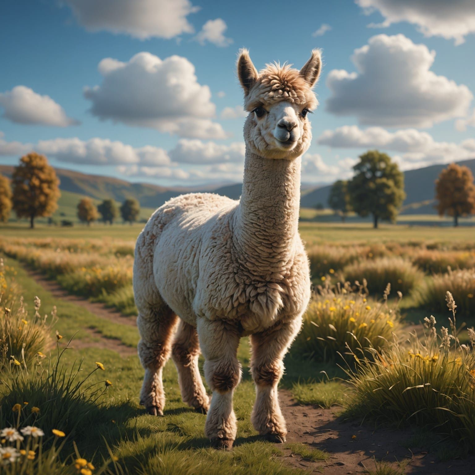 Fluffy Alpaca in Field: Fantasy Concept Art