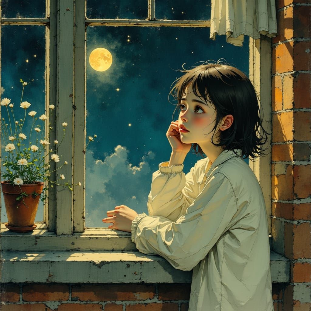 Girl Gazing at Starry Sky in Watercolor Style