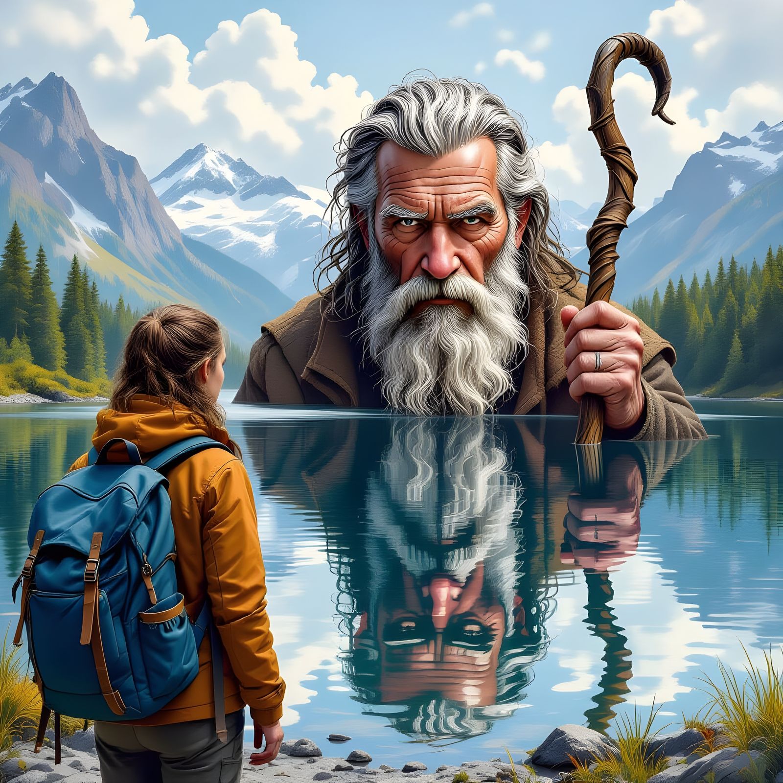 Young Traveler's Reflection in Lake, Hyperreal Pencil Art