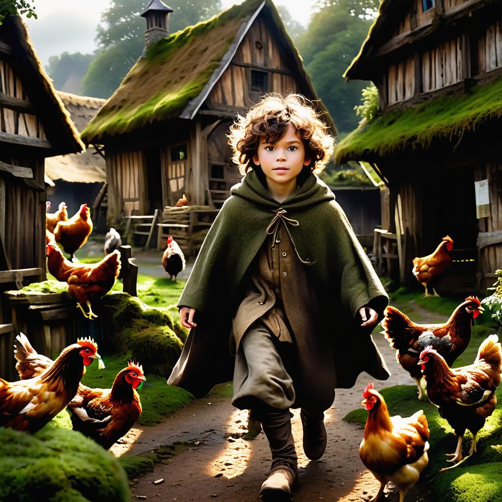 Rustic Village Scene with Boy and Chickens
