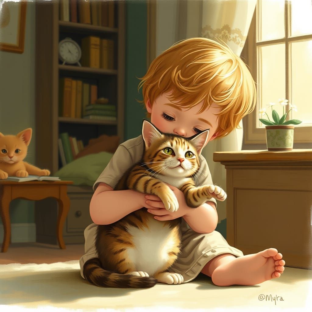 Whimsical Child and Cat in Warm Indoor Setting