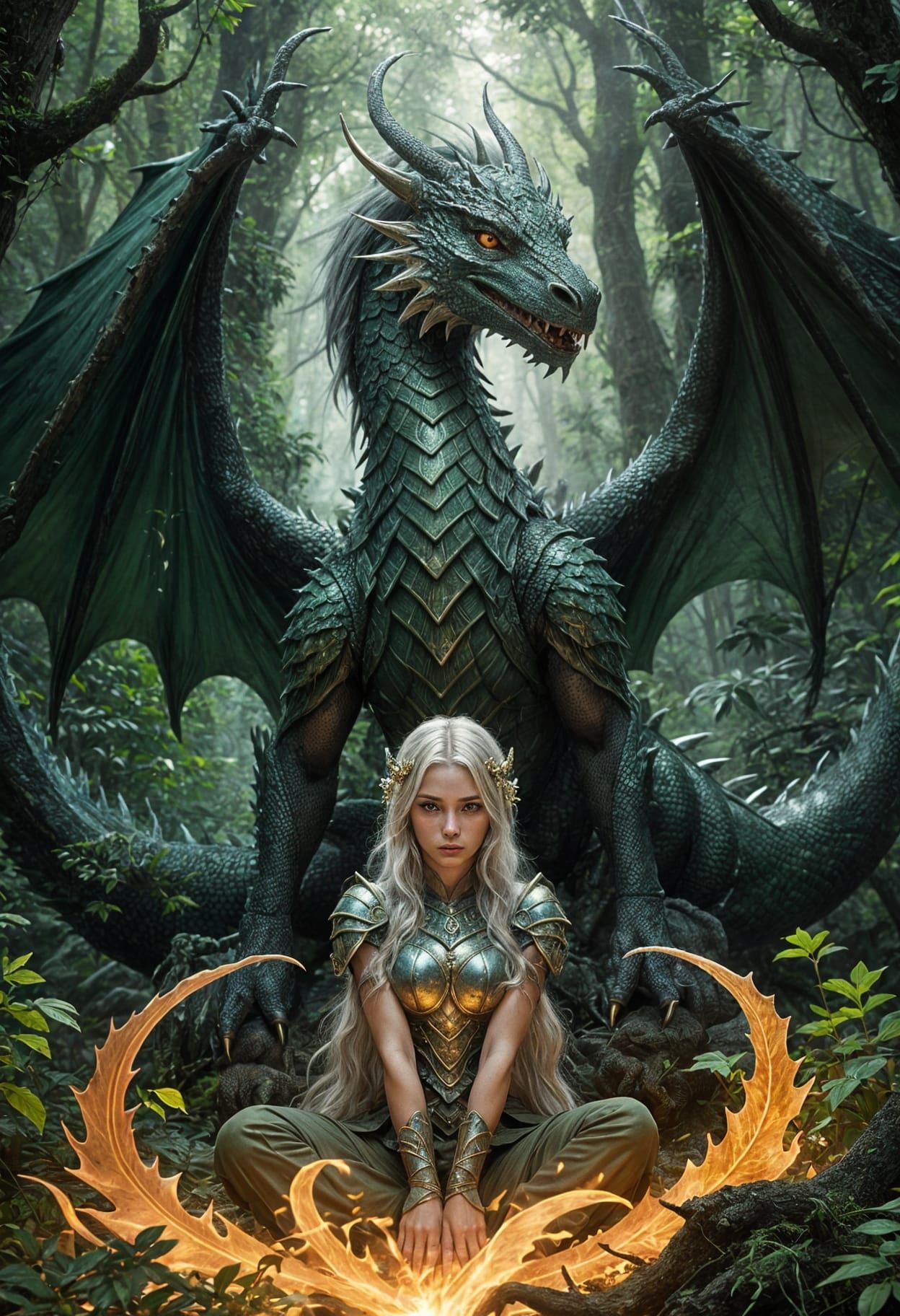 Mystical Warrior with Dragon Companion in Enchanted Forest